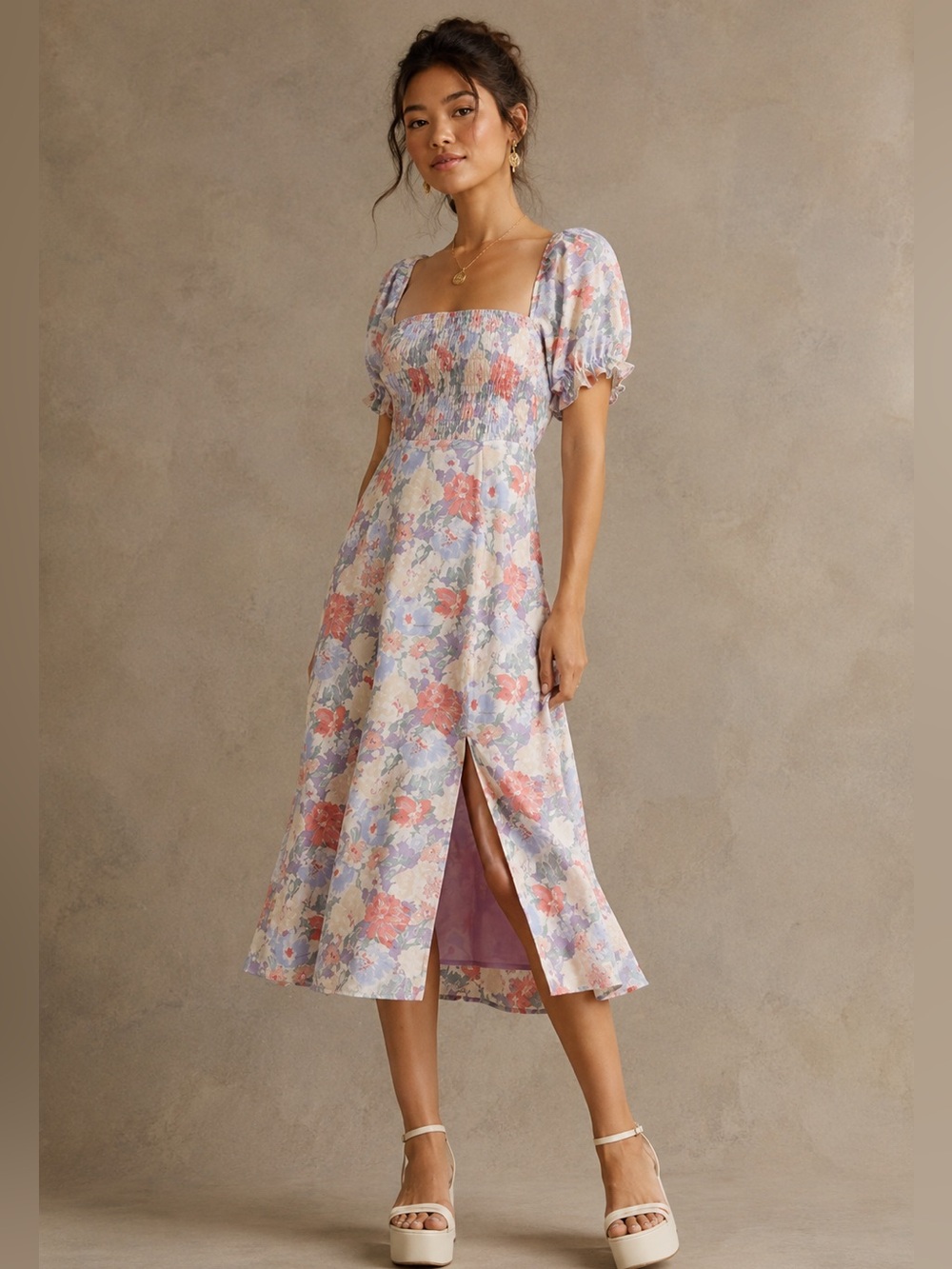 NWT Astr Puff Sleeve Smocked Floral Print Dress